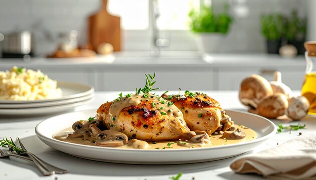H&uuml;hnchen mit einer Champignonsosse