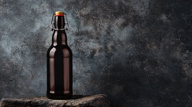Dark Glass Bottle with Swing Top on Rustic Background