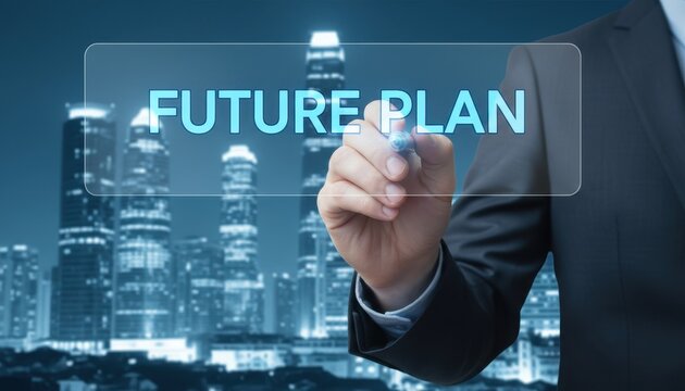 Businessman Writing future Plan on a Futuristic Transparent Screen with a Stylus Against a Blurred Cityscape at Night - Powered by Adobe