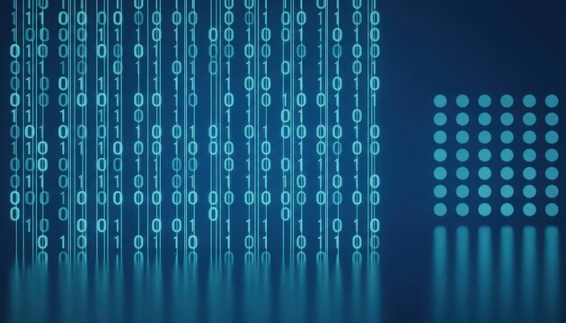 Abstract Depiction of Digital Data Flow with Glowing Binary Code and Network Grid on a Reflective Surface - Powered by Adobe
