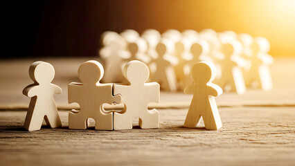 A group of wooden puzzle pieces coming together to form a complete team