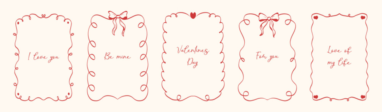 Vintage hand drawn Valentine's day frames with coquette lines, bows and hearts. Vector holiday borders for poster, card, invitation.