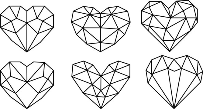geometric heart, polygon heart, heart line art, Geometric Heart Line Art Set, Polygonal Diamond Heart Vector Illustration - Abstract Geometric Heart Shapes Collection, Minimal Line Art Love Design