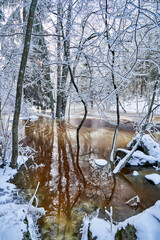 Flooding ice covered river in very cold winter day
