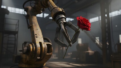 Rusty robotic arm gently holds a delicate red rose in industrial setting