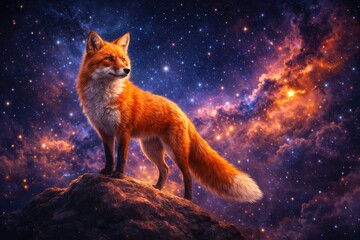 Obraz premium Majestic Fox Standing on Rock Against Starry Cosmic Galaxy Background