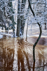 Flooding ice covered river in very cold winter day
