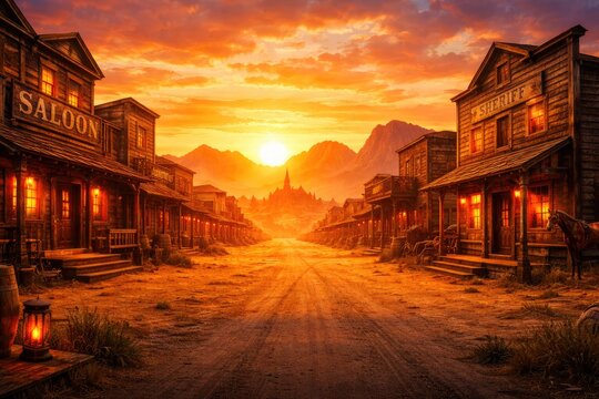 Cinematic Wild West Town Street at Sunset with Saloon and Sheriff Buildings