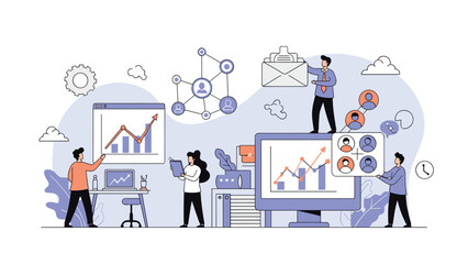 Large team of professional people working on data analysis and business growth with various charts and digital tools.