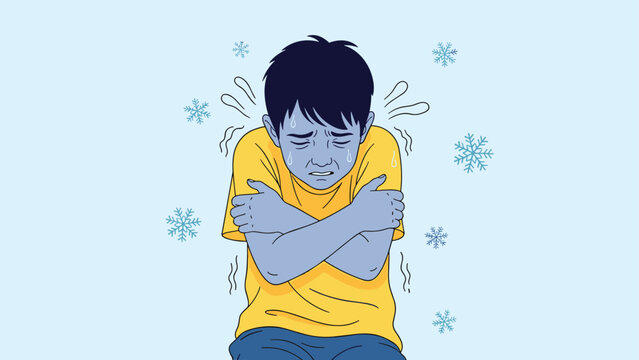 Poor young boy shivering from extreme cold with snowflakes and blue tones representing winter weather and illness or fever.
