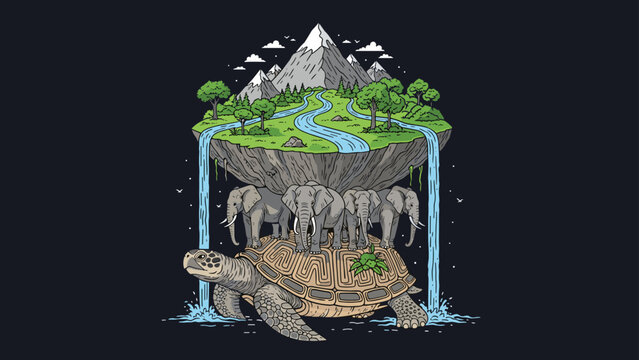 Mythological illustration of the world resting on four elephants standing on a giant turtle floating through space with mountains.
