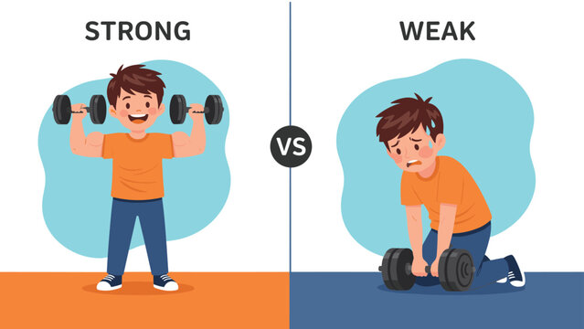 Illustration of a strong boy easily lifting weights vs a weak boy struggling to show the importance of fitness and health.