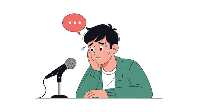 Anxious man sweating and looking worried while standing in front of a microphone to give a speech or performance at an event.
