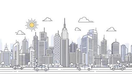 Fototapeta premium Detailed line art illustration of a modern city skyline with skyscrapers, cars, trees, and a bright sun in the clouds.