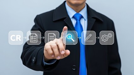 Businessman interacting with digital workflow interface icons