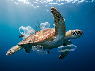Obraz premium Sea turtle trapped in plastic waste highlighting ocean pollution crisis