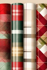 Three plaid patterns in red, green, and beige on rolled wallpaper with botanical can design