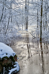 Flooding ice covered river in very cold winter day