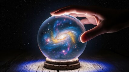 Hand touching crystal ball with galaxy inside
