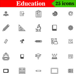Education Line Icons Pack, 25 Outline Icons Set for School Learning University Teaching Classroom Student Knowledge Study, SVG PNG Vector Download Editable Minimal Thin Style