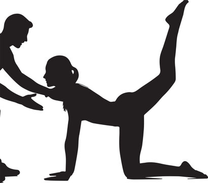 Silhouette of Female Athlete Doing Glute Kickbacks with Personal Trainer Guidance in Gym