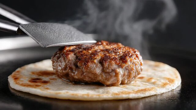 Juicy grilled burger patty smoking on flatbread in closeup cooking sequence