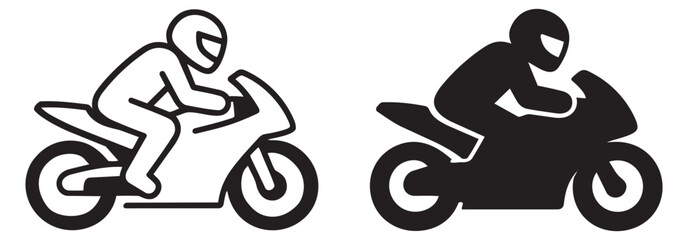 Naklejka premium Line art and silhouette icon set featuring a motorcycle rider for transport and sport designs