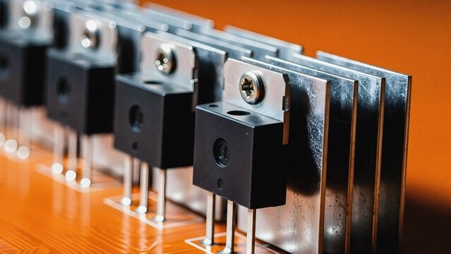 Close-up macro shot of electronic components with heat sinks mounted on a circuit board, symbolizing modern technology and industrial innovation.