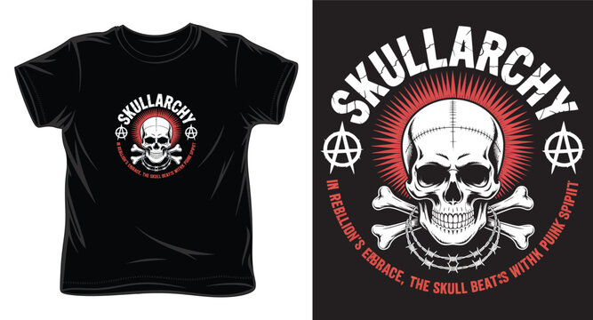Skull anarchy punk spirit rebellion graphic t-shirt design with skull and crossbones