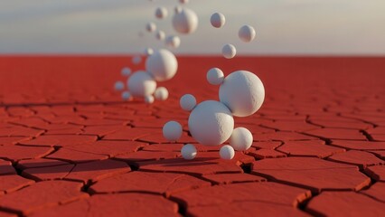 Abstract representation of hydration process with white spheres rising from cracked red ground