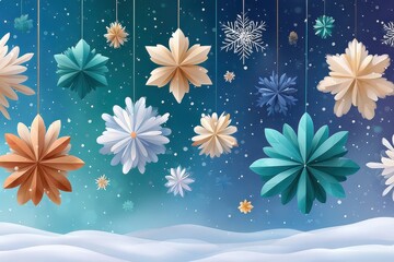 Abstract winter scene with colorful snowflakes on a blue background for festive stock imagery