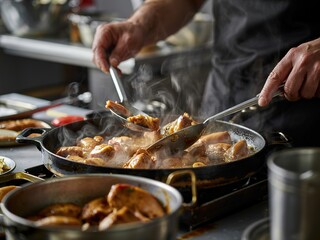 Chef Cooking Chicken Pieces in Hot Pan with Steam in Kitchen