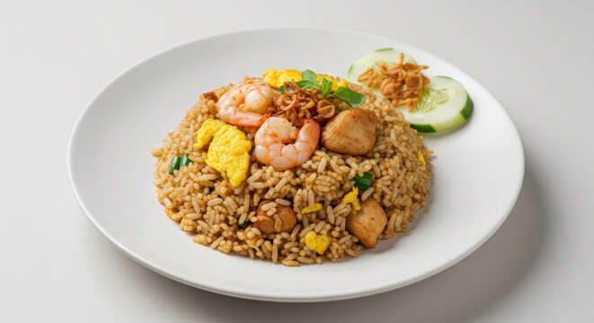 Indonesian Fried Rice on White Plate, Clean Food Photography taken at a45 degrees angle