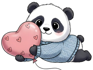 A sweet Panda bear posing with a heart-shaped balloon.