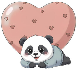 A cute panda lying happily in front of a heart.