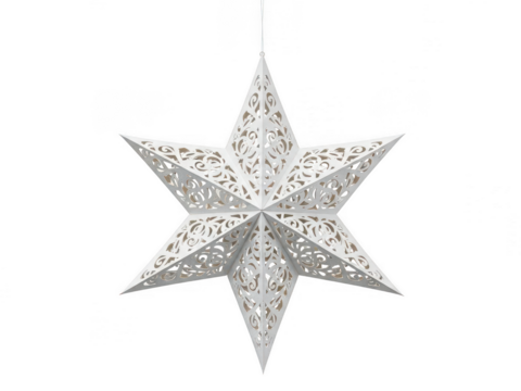 Intricate white paper star hanging decoration isolated on transparent background - Powered by Adobe
