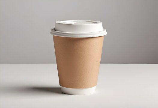 Craft paper takeaway cup mockup with white lid on light background.
