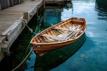 Obraz premium Wooden boat anchored peacefully at a tranquil harbor in the early morning light