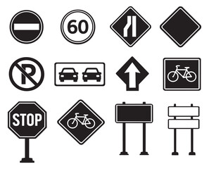Graphic road signs set featuring various traffic and warning symbols for road safety and navigation designs
