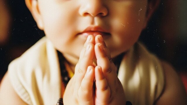 Close-up of an innocent child's hands clasped in a prayer or Namaste gesture, conveying spirituality and devotion.