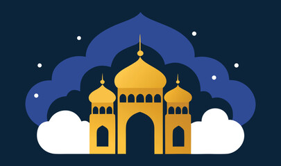 Vector illustration of a night silhouette of an old Orthodox cathedral building with a dome and cross tower representing religious architecture and city culture