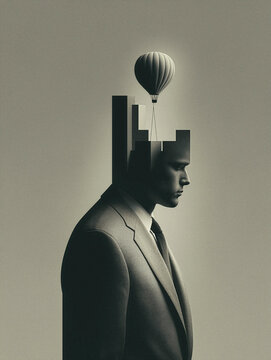 Abstract Art Featuring a Surreal Businessman Profile with Floating Balloon and City Metaphor in Minimalistic Style
