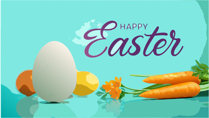 Happy Easter celebration with eggs and carrots on colorful background
