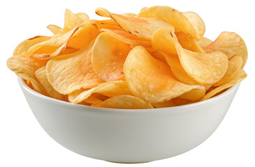 Delicious potato chips in a white bowl on a transparent background