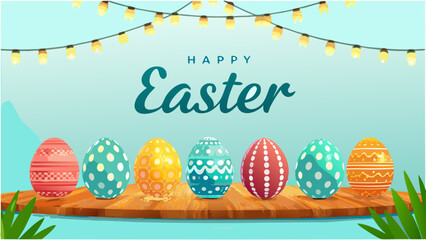 Vibrant Easter eggs on wooden board with string lights