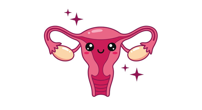 A cartoon illustration of a smiling pink uterus with ovaries and sparkles