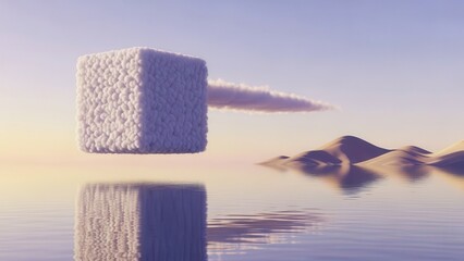 Floating textured cube with cloud stream over calm water in minimalist desert scene