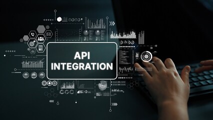 Hands engaging with computer interface, showcasing API integration for data processing and analytics in a modern business environment. Asymptotic smart data analytic.