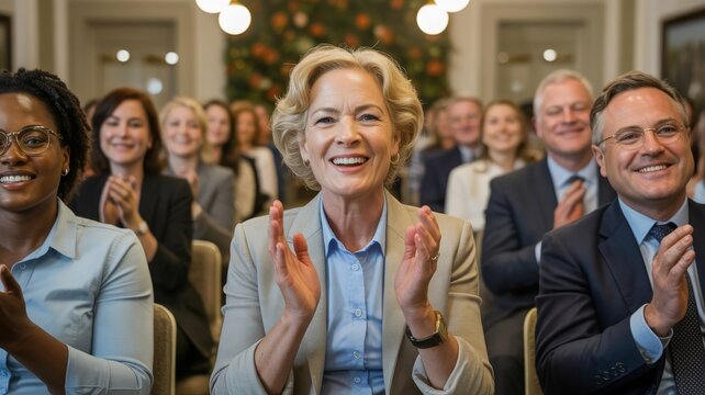 A diverse group of smiling professionals applauding enthusiastically at a conference or event.