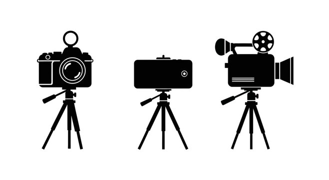 Three film cameras on tripods